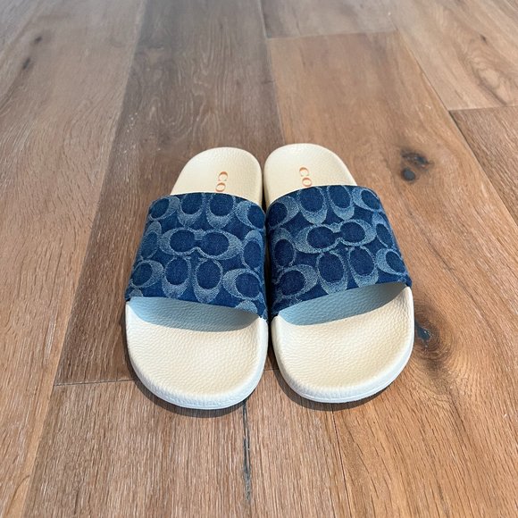 NEW Coach Udele Signature Monogram Denim Pool Slides in Denim/Chalk 10 - Picture 6 of 11